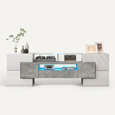 Meuble TV 145x30x51 Cm Avec 6 Portes, 2 Tiroirs Et LED, Panneaux Particules, Blanc + Gris