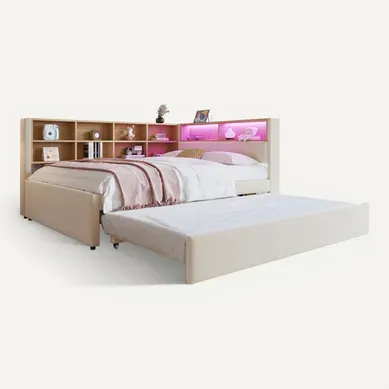 Lit adulte 140x200 Cm avec 1 Lit Gigogne 90x190 Cm, Port De Recharge Et Rangement, Flanelle, Beige Lit adulte 140x200 Cm avec 1 Lit Gigogne 90x190 Cm, Port De Recharge Et Rangement, Flanelle, Beige