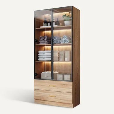Vitrine Moderne 75×34,5×170 Cm, Avec LED, 2 Tiroirs, 2 Portes Verre Trempé, En Mdf, Couleur Marron Vitrine Moderne 75×34,5×170 Cm, Avec LED, 2 Tiroirs, 2 Portes Verre Trempé, En Mdf, Couleur Marron