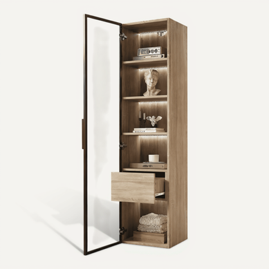 Vitrine Moderne 40×34,5×165 Cm Avec LED, 1 Tiroir, 1 Porte Verre Trempé, En Mdf, Naturel Vitrine Moderne 40×34,5×165 Cm Avec LED, 1 Tiroir, 1 Porte Verre Trempé, En Mdf, Naturel