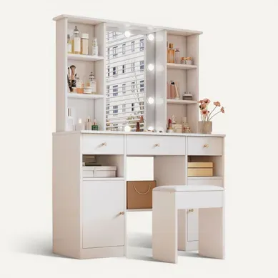 Coiffeuse 110x40x151 Cm Avec Miroir LED, 3 Tiroirs, 2 Portes, Niche Ouverte, Tabouret, Blanc Coiffeuse 110x40x151 Cm Avec Miroir LED, 3 Tiroirs, 2 Portes, Niche Ouverte, Tabouret, Blanc