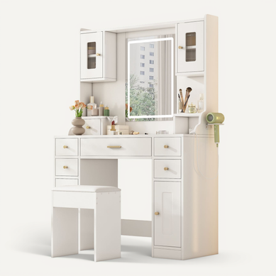 Coiffeuse 105x40x152 Cm Avec Miroir LED, USB-c, 6 Tiroirs, 4 Portes, Support Latéral, Blanche