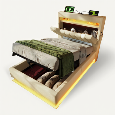 Lit Coffre Enfant 90x200 Cm, Lit Simple Avec Charge USB Type-c, LED Et Rangement, Lin, Beige Lit Coffre Enfant 90x200 Cm, Lit Simple Avec Charge USB Type-c, LED Et Rangement, Lin, Beige