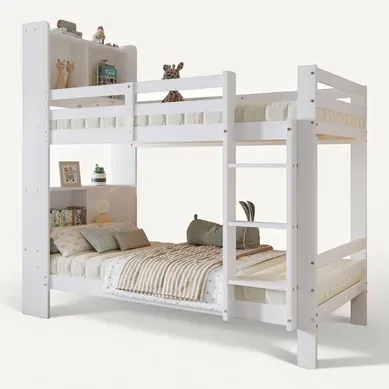 Lit Superposé 90x200cm, Avec étagères De Rangement, Bois Massif Et Mdf, Blanc