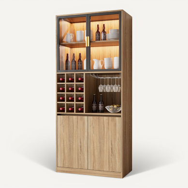 Buffet De Cuisine 80x40x180 Cm Avec 4 Portes, Éclairage LED, Rangements Ouverts, En Mdf, Naturel Buffet De Cuisine 80x40x180 Cm Avec 4 Portes, Éclairage LED, Rangements Ouverts, En Mdf, Naturel