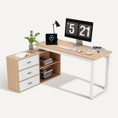 Bureau D'angle En L 147x100x75.3cm, 3 Tiroirs + 2 étagères Ouvertes, En Mdf + Métal, Naturel