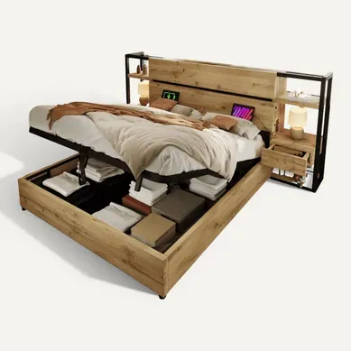 Lit Coffre Adulte 160x200 Cm Avec Rangement, Prises USB-c, 2 Tiroirs, Sommier, Mdf, Couleur Chêne Lit Coffre Adulte 160x200 Cm Avec Rangement, Prises USB-c, 2 Tiroirs, Sommier, Mdf, Couleur Chêne