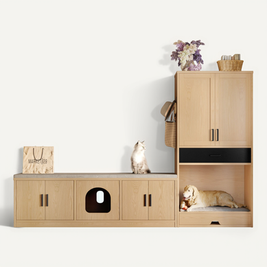 Ensemble Meuble Pour Animaux Avec Niche, Couchage, Station Repas, Rangement, Couleur Chêne Ensemble Meuble Pour Animaux Avec Niche, Couchage, Station Repas, Rangement, Couleur Chêne