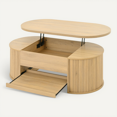 Table Basse Relevable 110x55.5x40/55 Cm, Étagère Coulissante, MDF, Couleur Naturel
