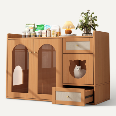 Buffet Pour Chat 120x45x83 Cm Avec Bac à Litière, Espace De Repos, En Mdf, Couleur Marron Buffet Pour Chat 120x45x83 Cm Avec Bac à Litière, Espace De Repos, En Mdf, Couleur Marron