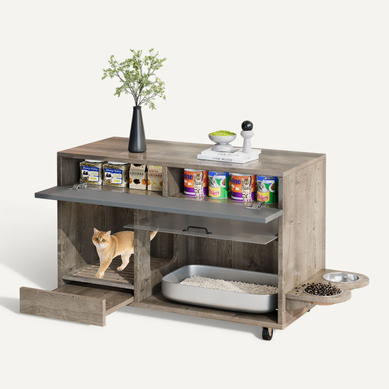 Rangement Pour Litter Box Chat (non Incluse), Plaque Anti-sable, 2 Gamelles, Roulettes, Mdf, Chêne Rangement Pour Litter Box Chat (non Incluse), Plaque Anti-sable, 2 Gamelles, Roulettes, Mdf, Chêne