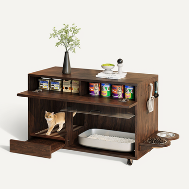 Rangement Pour Litter Box Chat (non Incluse), Plaque Anti-sable, 2 Gamelles, Roulettes, Mdf, Marron Rangement Pour Litter Box Chat (non Incluse), Plaque Anti-sable, 2 Gamelles, Roulettes, Mdf, Marron
