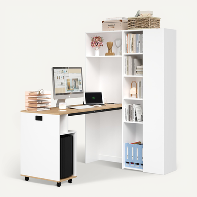 Bureau Rabattable Avec Bibliothèque, Prise Électrique, USB, Étagères Réglables, Mdf, Blanc Et Chêne Bureau Rabattable Avec Bibliothèque, Prise Électrique, USB, Étagères Réglables, Mdf, Blanc Et Chêne