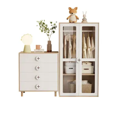 Ensemble De Meuble: Armoire 80x50x150 Cm, Commode Avec 4 Tiroirs, Mdf, Blanc+naturel Ensemble De Meuble: Armoire 80x50x150 Cm, Commode Avec 4 Tiroirs, Mdf, Blanc+naturel