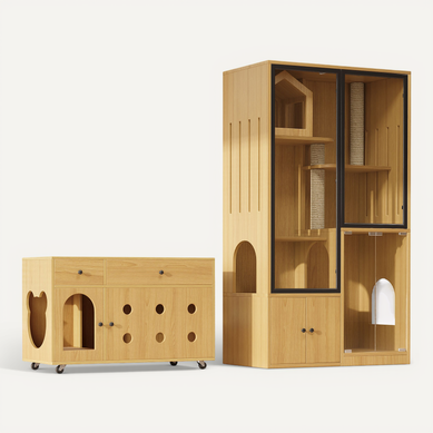 Meubles Pour Chat: Villa En Verre + Rangement Toilette, Avec Potelet à Gratter, Mdf, Couleur Chêne Meubles Pour Chat: Villa En Verre + Rangement Toilette, Avec Potelet à Gratter, Mdf, Couleur Chêne