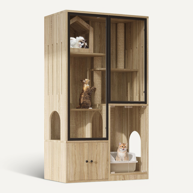 Maison Pour Chat 4 Étages 86x50x160 Cm Avec Potelet à Gratter, Rangement, En Mdf, Naturel Maison Pour Chat 4 Étages 86x50x160 Cm Avec Potelet à Gratter, Rangement, En Mdf, Naturel