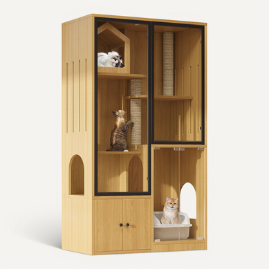 Maison Pour Chat 4 Étages 90x50x160 Cm Avec Potelet à Gratter, Rangement, En Mdf, Couleur Chêne Maison Pour Chat 4 Étages 90x50x160 Cm Avec Potelet à Gratter, Rangement, En Mdf, Couleur Chêne