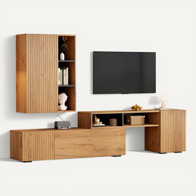Ensemble Meuble TV Mural, Vitrine, 4 Portes, Étagères Ouvertes, Panneaux Particules, Couleur Bois
