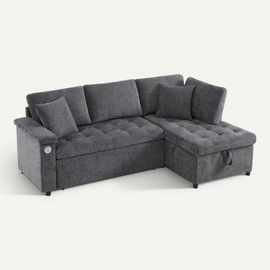 Canapé Convertible 3 Places Avec 2 Coussins, USB, Rangement, Fonction De Lit, Tissu, Gris Foncé Canapé Convertible 3 Places Avec 2 Coussins, USB, Rangement, Fonction De Lit, Tissu, Gris Foncé