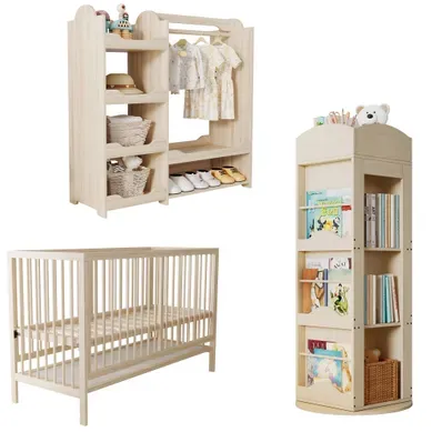 Lit Enfant 140x60 Cm, Armoire Et Bibliothèque Rotative Avec Rangement, Bois Massif, Naturelle