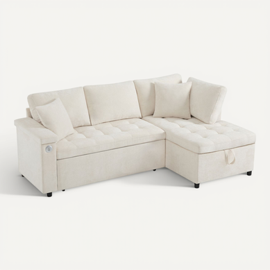 Canapé Angle Convertible 3 Places Avec 2 Coussins, USB, Rangement, Fonction De Lit, Tissu, Beige Canapé Angle Convertible 3 Places Avec 2 Coussins, USB, Rangement, Fonction De Lit, Tissu, Beige