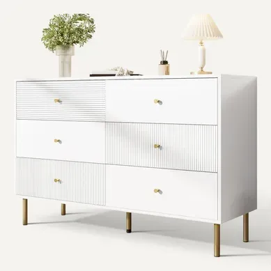 Commode 120x40x78 Cm Avec 6 Tiroirs, 5 Pieds Stables, Poignées, Rangement, En Mdf, Blanc + Doré Commode 120x40x78 Cm Avec 6 Tiroirs, 5 Pieds Stables, Poignées, Rangement, En Mdf, Blanc + Doré