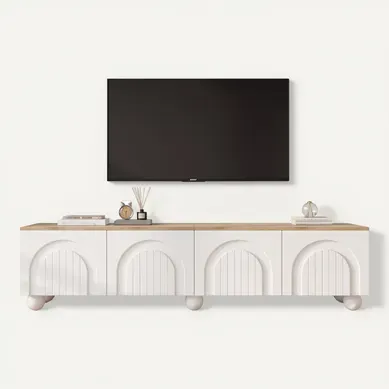 Meuble TV 180x40x45cm, 4 Portes, Convient Pour Un Téléviseur De 80 Pouces, Couleur Bois + Blanc
