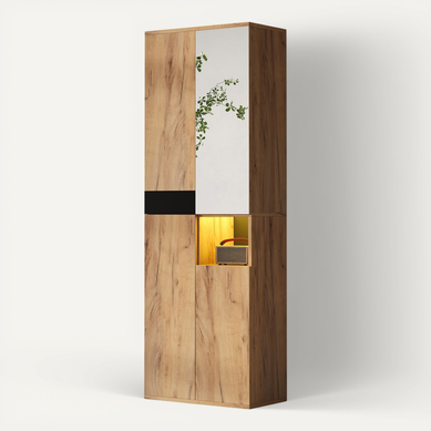 Armoire Haute 65x35x190cm, 4 Portes, 1 Niche, Avec Miroir, Couleur Bois + Noir Armoire Haute 65x35x190cm, 4 Portes, 1 Niche, Avec Miroir, Couleur Bois + Noir
