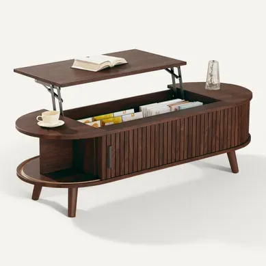 Table Basse Relevable 120x50x53,5 Cm Avec 2 Portes Coulissantes Et Rangement Caché, Mdf, Brun Table Basse Relevable 120x50x53,5 Cm Avec 2 Portes Coulissantes Et Rangement Caché, Mdf, Brun
