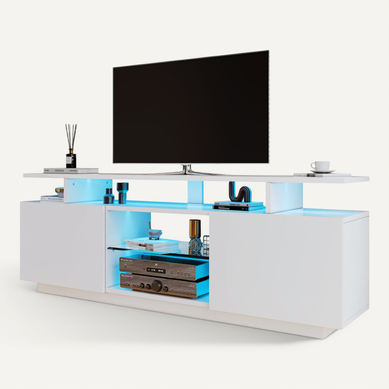 Meuble TV 140x35x55 Cm Avec 2 Portes, LED, Espace De Rangement, En Panneau De Particules, Blanc
