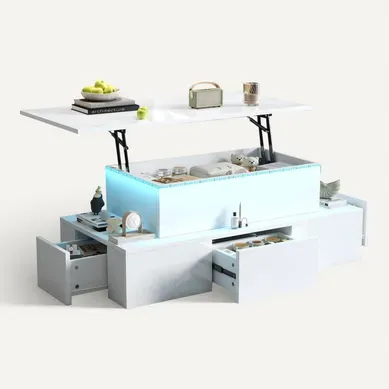 Table Basse Relevable 100x50x40 Cm Avec 4 Tiroirs, LED, Rangement Caché, En Mdf, Blanche Table Basse Relevable 100x50x40 Cm Avec 4 Tiroirs, LED, Rangement Caché, En Mdf, Blanche