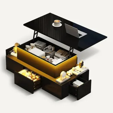 Table Basse Relevable 100x50x40 Cm Avec 4 Tiroirs, LED, Rangement Caché, En Mdf, Noire Table Basse Relevable 100x50x40 Cm Avec 4 Tiroirs, LED, Rangement Caché, En Mdf, Noire