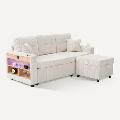 Canapé Convertible 3 Places 196x82/144x85 Cm, LED, USB-c, Porte-verres, Repose-bras, Tissu, Beige Canapé Convertible 3 Places 196x82/144x85 Cm, LED, USB-c, Porte-verres, Repose-bras, Tissu, Beige