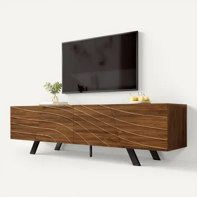 Meuble TV 160x39x50.5 Cm Avec 4 Portes De Rangement, Mdf, Couleur Noyer