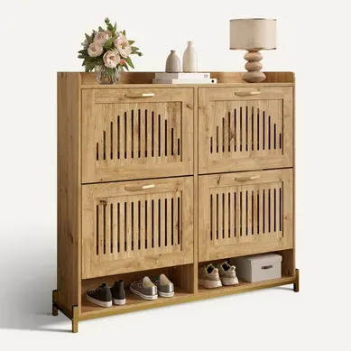 Meuble à Chaussures 108.5x24x100cm, 4 Portes Lattes Ventilées, Plateau Supérieur, Couleur Bois