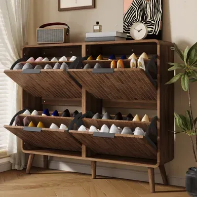 Meuble à Chaussures 105x24x90cm, 4 Portes, Peut Contenir 18 à 24 Paires De Chaussures, Noyer Meuble à Chaussures 105x24x90cm, 4 Portes, Peut Contenir 18 à 24 Paires De Chaussures, Noyer