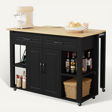Îlot De Cuisine Extensible 120x77x93 Cm Avec 2 Tiroirs, 2 Portes, Roulettes, Étagères, En Mdf, Noir