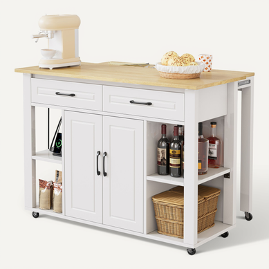 Îlot De Cuisine Extensible 120x77x93 Cm Avec 2 Tiroirs, 2 Portes, Roulettes, Étagères, Mdf, Blanc