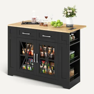 Îlot De Cuisine 120x65x92 Cm Avec 2 Tiroirs, 2 Portes, Roulettes, Rangement, USB, En Mdf, Noir