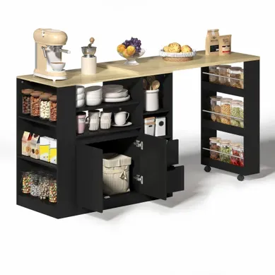 Îlot De Cuisine Extensible 115x50x92 Cm Avec 2 Tiroirs, 2 Portes, Roulettes, Rangement, Mdf, Noir Îlot De Cuisine Extensible 115x50x92 Cm Avec 2 Tiroirs, 2 Portes, Roulettes, Rangement, Mdf, Noir