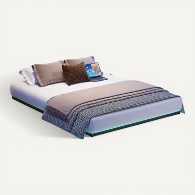 Lit Adulte 140x200 Cm, Lit Double Avec LED Et USB, Cadre De Lit Flottant, Métal, Noir