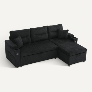 Canapé Convertible 3 Places 212,5×136×86 Cm Avec Rangement, Porte-gobelets, USB-c, Tissu, Noir Canapé Convertible 3 Places 212,5×136×86 Cm Avec Rangement, Porte-gobelets, USB-c, Tissu, Noir