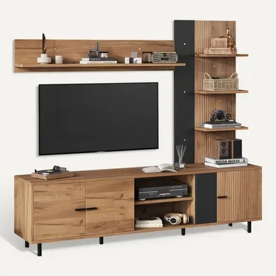 Ensemble Meuble TV Mural 187,5x40x167cm, 3 Portes Et Étagères Ouvertes, Panneaux Particules, Bois