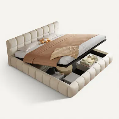 Lit Coffre Adulte 180x200 Cm Avec Rangement , Lit Double Avec Bande LED, Velours, Beige Lit Coffre Adulte 180x200 Cm Avec Rangement , Lit Double Avec Bande LED, Velours, Beige