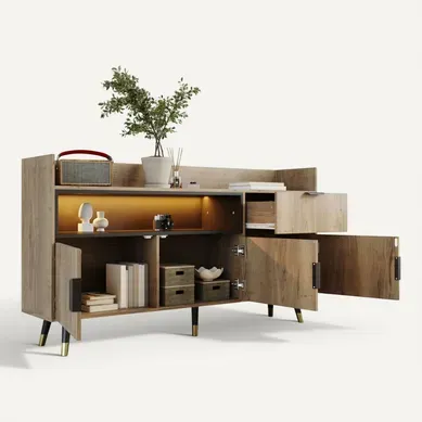Buffet Moderne 160x35x97,5 Cm, Tiroir, 3 Portes, LED Et Étagères Ouvertes, Bois, Couleur Bois