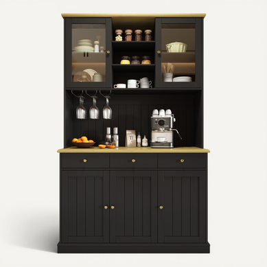 Buffet De Cuisine 120x40x191 Cm Avec 5 Portes, 3 Tiroirs, Prises USB-c Et A, Mdf Et Verre, Noir Buffet De Cuisine 120x40x191 Cm Avec 5 Portes, 3 Tiroirs, Prises USB-c Et A, Mdf Et Verre, Noir