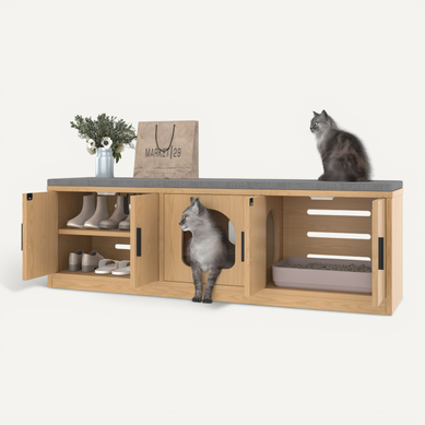 Armoire à Chat 140x40x45,5 Cm Avec Banc, Étagères Réglables, Espace De Stockage, Couleur Chêne Armoire à Chat 140x40x45,5 Cm Avec Banc, Étagères Réglables, Espace De Stockage, Couleur Chêne
