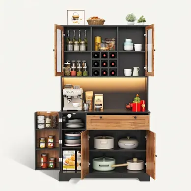 Vitrine LED 105x40x180 Cm, Tiroir, 5 Portes, Étagères Réglables, USB, Porte-condiments, Mdf, Noir Vitrine LED 105x40x180 Cm, Tiroir, 5 Portes, Étagères Réglables, USB, Porte-condiments, Mdf, Noir