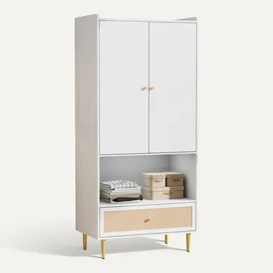 Armoire 80x48x175 Cm Avec 2 Portes, 1 Tiroir, 1 Tringle, Étagère Ouverte, Blanc