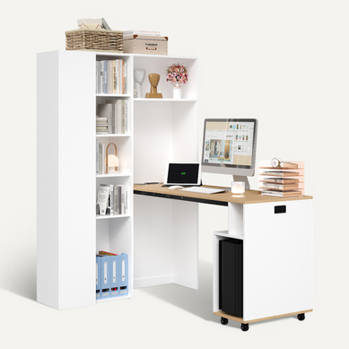 Bureau Rabattable Avec Bibliothèque, Prise Électrique, USB, Étagères Réglables, Mdf, Blanc Bureau Rabattable Avec Bibliothèque, Prise Électrique, USB, Étagères Réglables, Mdf, Blanc